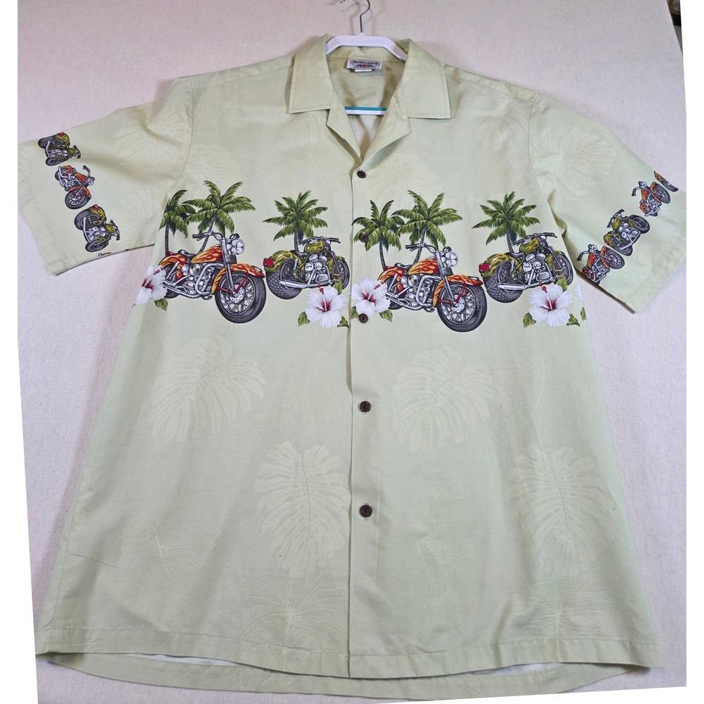Pacific Legend Mens XL Green Motorcycle Hawaiian‎ Shirt Cotton Made in USA Biker
